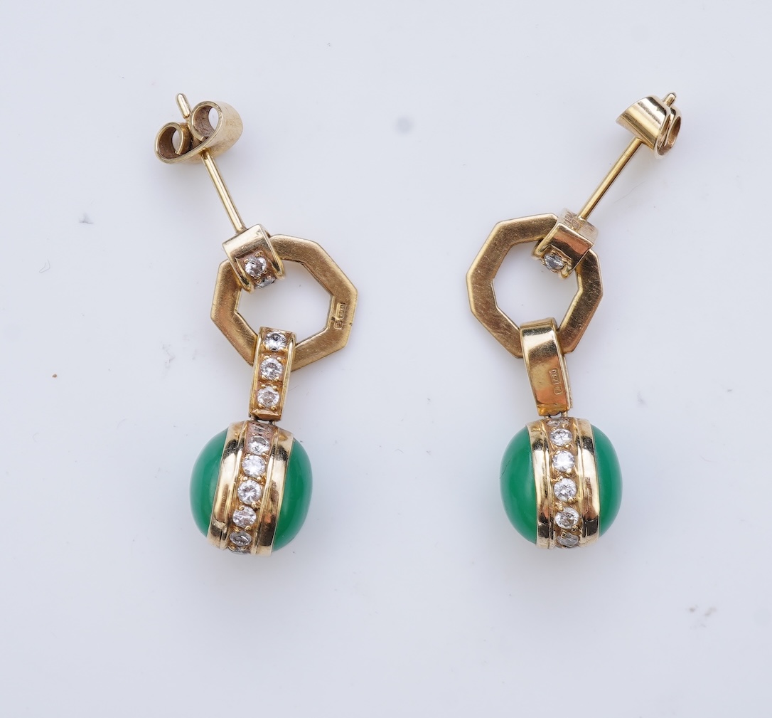 A pair of chalcedony and diamond earrings